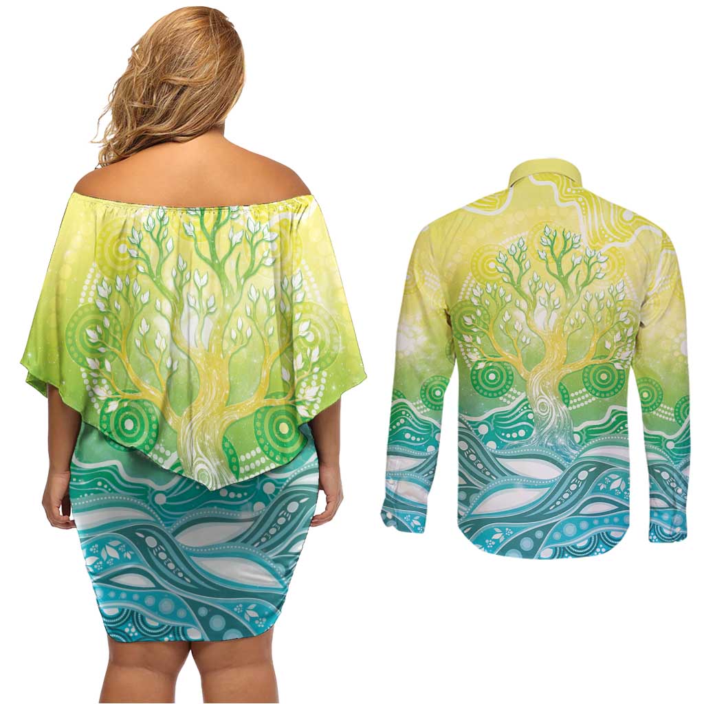 Australia NAIDOC Week Couples Matching Off Shoulder Short Dress and Long Sleeve Button Shirt Eternal Spirit Tree Pastel Gradient