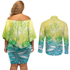 Australia NAIDOC Week Couples Matching Off Shoulder Short Dress and Long Sleeve Button Shirt Eternal Spirit Tree Pastel Gradient