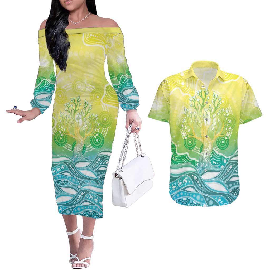 Australia NAIDOC Week Couples Matching Off The Shoulder Long Sleeve Dress and Hawaiian Shirt Eternal Spirit Tree Pastel Gradient