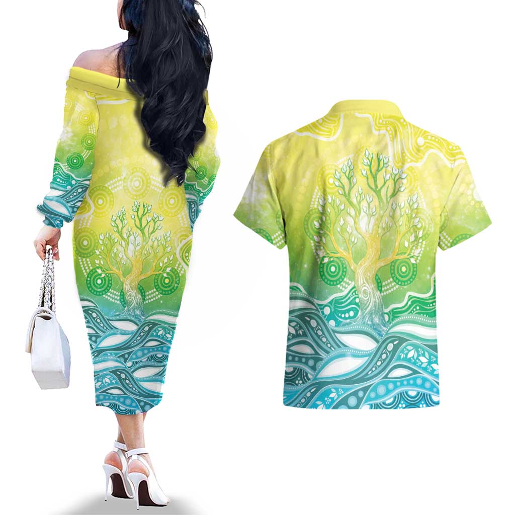 Australia NAIDOC Week Couples Matching Off The Shoulder Long Sleeve Dress and Hawaiian Shirt Eternal Spirit Tree Pastel Gradient