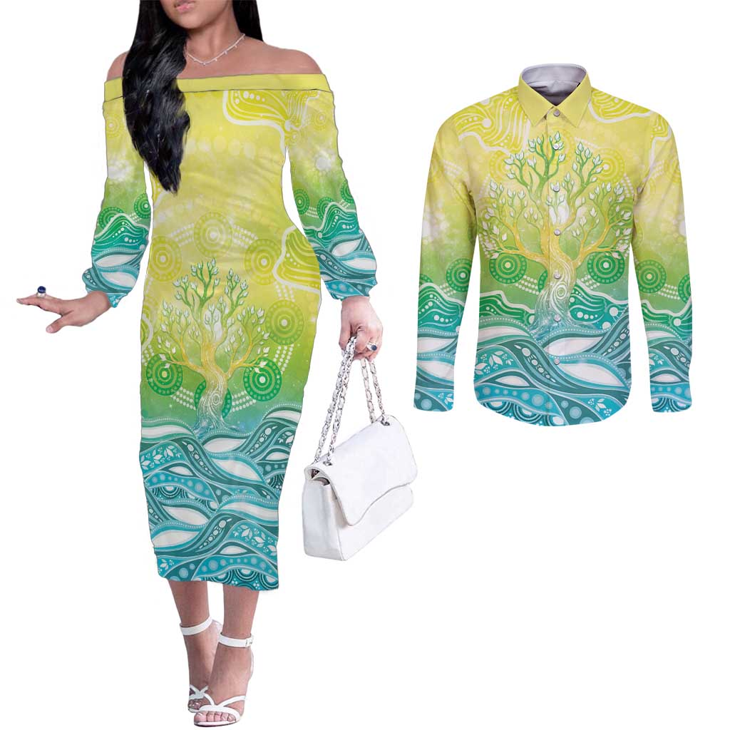 Australia NAIDOC Week Couples Matching Off The Shoulder Long Sleeve Dress and Long Sleeve Button Shirt Eternal Spirit Tree Pastel Gradient