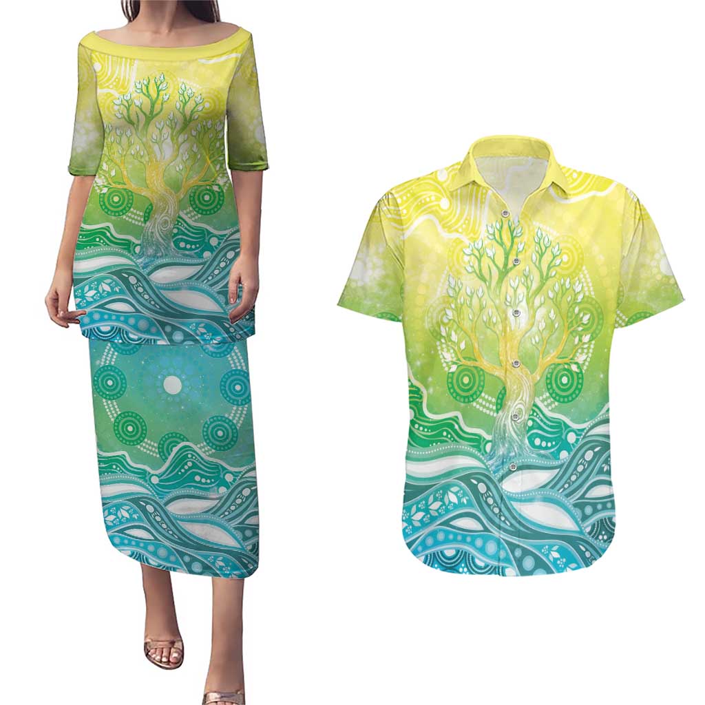 Australia NAIDOC Week Couples Matching Puletasi and Hawaiian Shirt Eternal Spirit Tree Pastel Gradient
