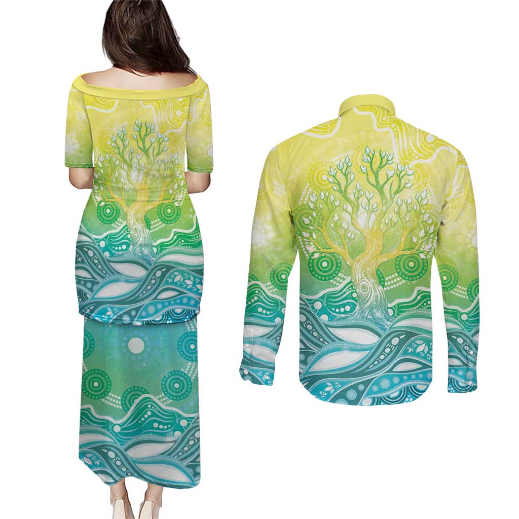 Australia NAIDOC Week Couples Matching Puletasi and Long Sleeve Button Shirt Eternal Spirit Tree Pastel Gradient