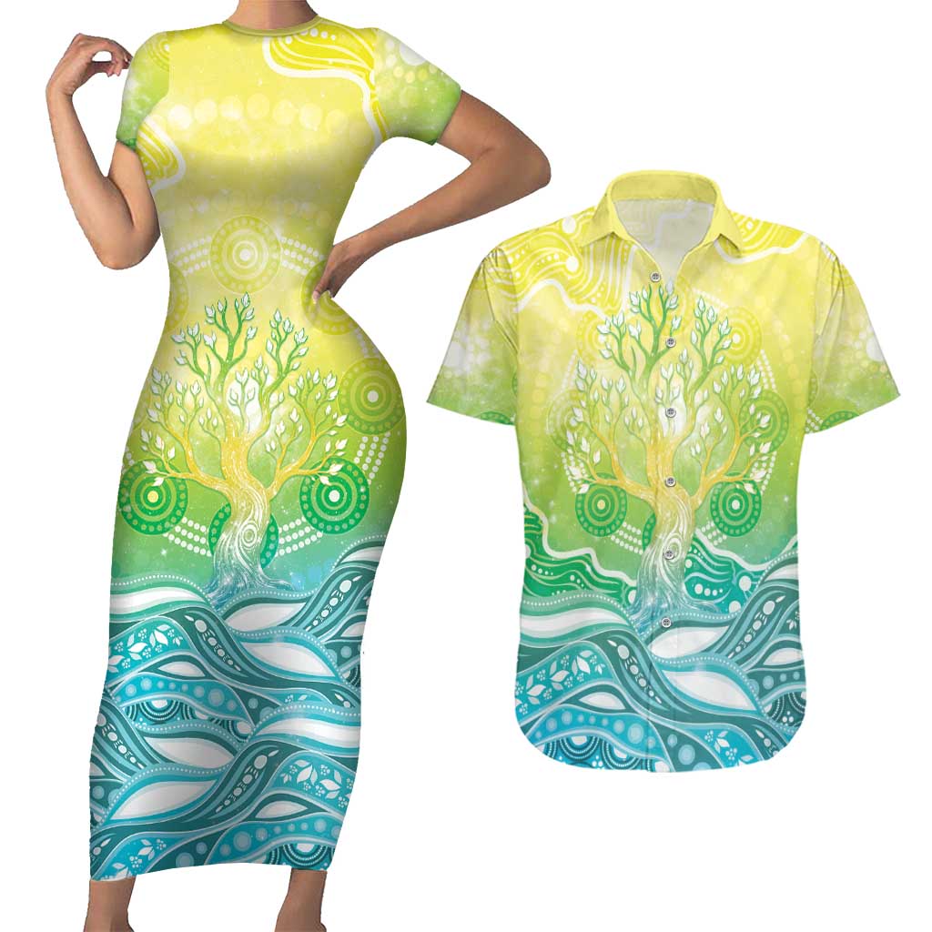Australia NAIDOC Week Couples Matching Short Sleeve Bodycon Dress and Hawaiian Shirt Eternal Spirit Tree Pastel Gradient