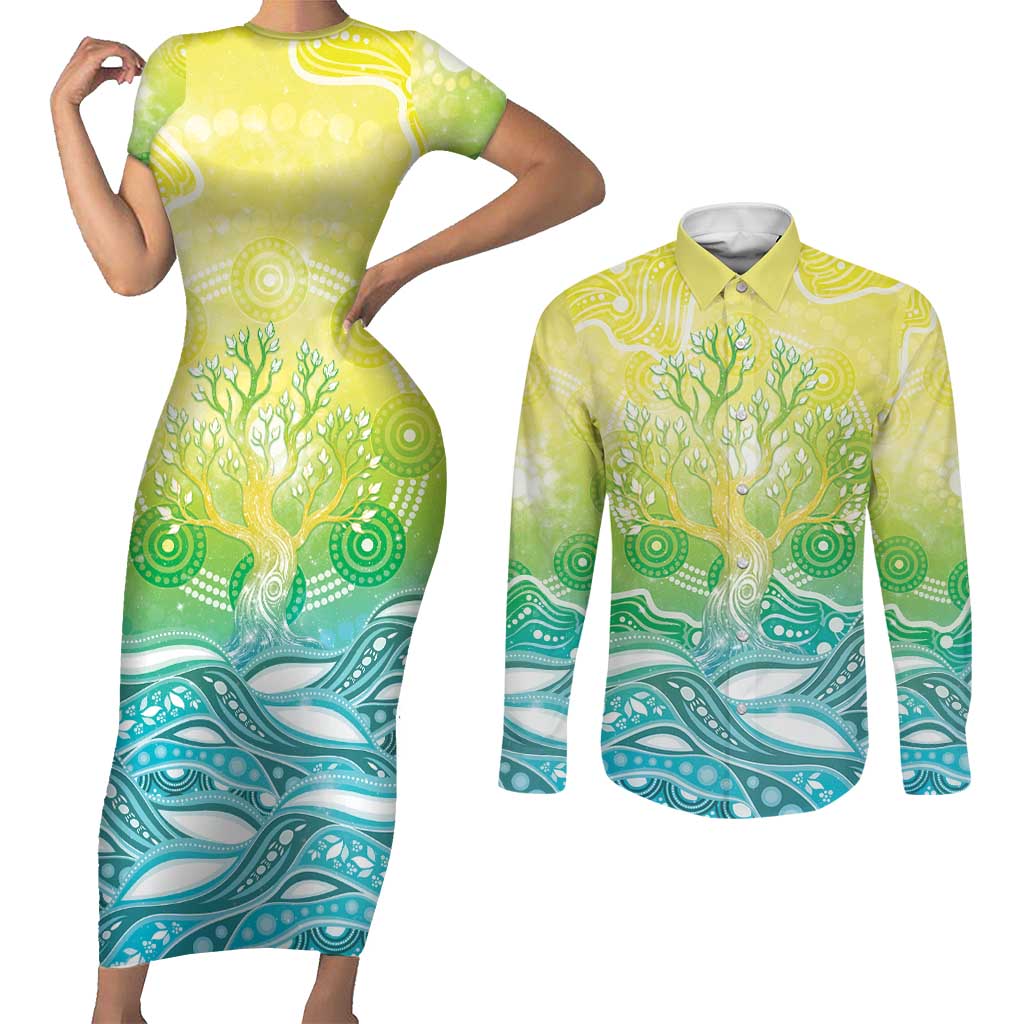 Australia NAIDOC Week Couples Matching Short Sleeve Bodycon Dress and Long Sleeve Button Shirt Eternal Spirit Tree Pastel Gradient