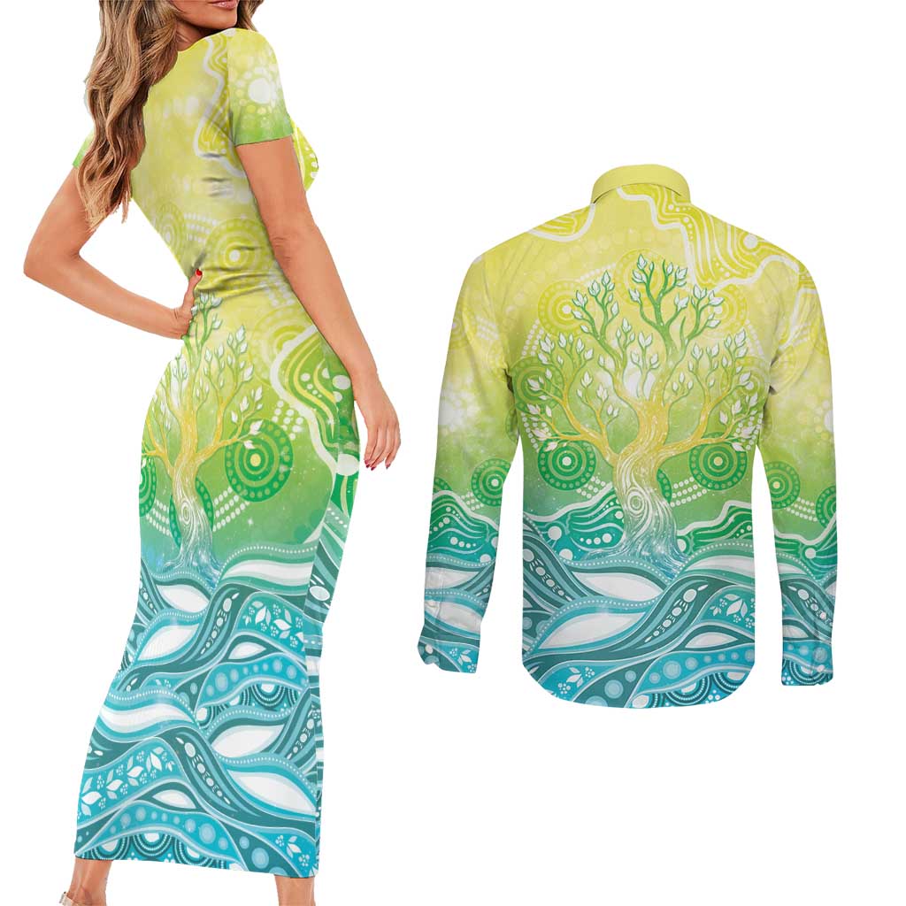 Australia NAIDOC Week Couples Matching Short Sleeve Bodycon Dress and Long Sleeve Button Shirt Eternal Spirit Tree Pastel Gradient