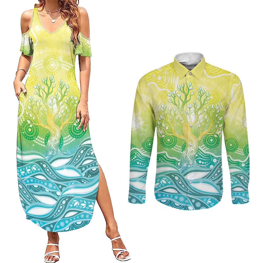 Australia NAIDOC Week Couples Matching Summer Maxi Dress and Long Sleeve Button Shirt Eternal Spirit Tree Pastel Gradient