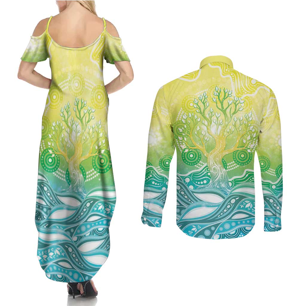 Australia NAIDOC Week Couples Matching Summer Maxi Dress and Long Sleeve Button Shirt Eternal Spirit Tree Pastel Gradient