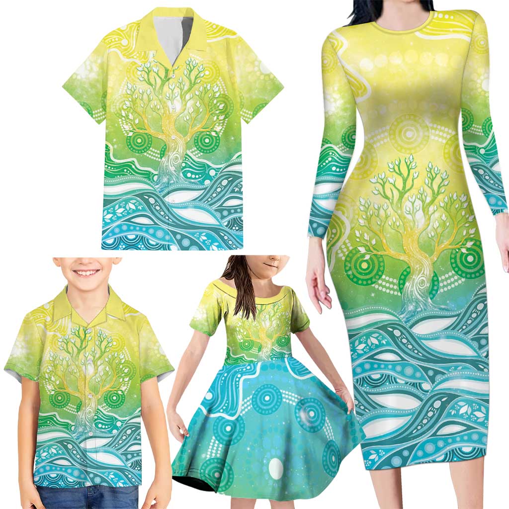 Australia NAIDOC Week Family Matching Long Sleeve Bodycon Dress and Hawaiian Shirt Eternal Spirit Tree Pastel Gradient