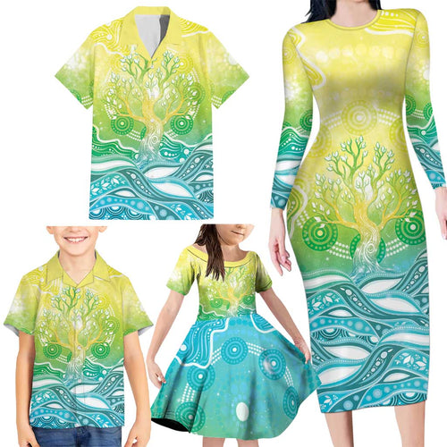 Australia NAIDOC Week Family Matching Long Sleeve Bodycon Dress and Hawaiian Shirt Eternal Spirit Tree Pastel Gradient
