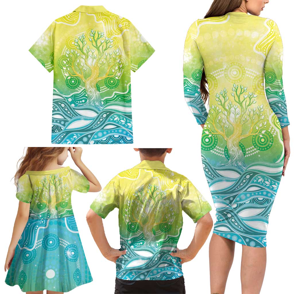 Australia NAIDOC Week Family Matching Long Sleeve Bodycon Dress and Hawaiian Shirt Eternal Spirit Tree Pastel Gradient