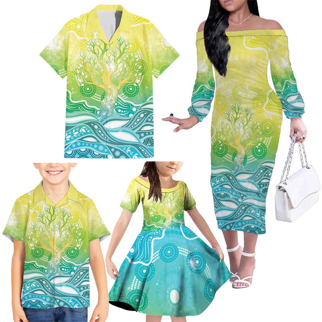 Australia NAIDOC Week Family Matching Off The Shoulder Long Sleeve Dress and Hawaiian Shirt Eternal Spirit Tree Pastel Gradient