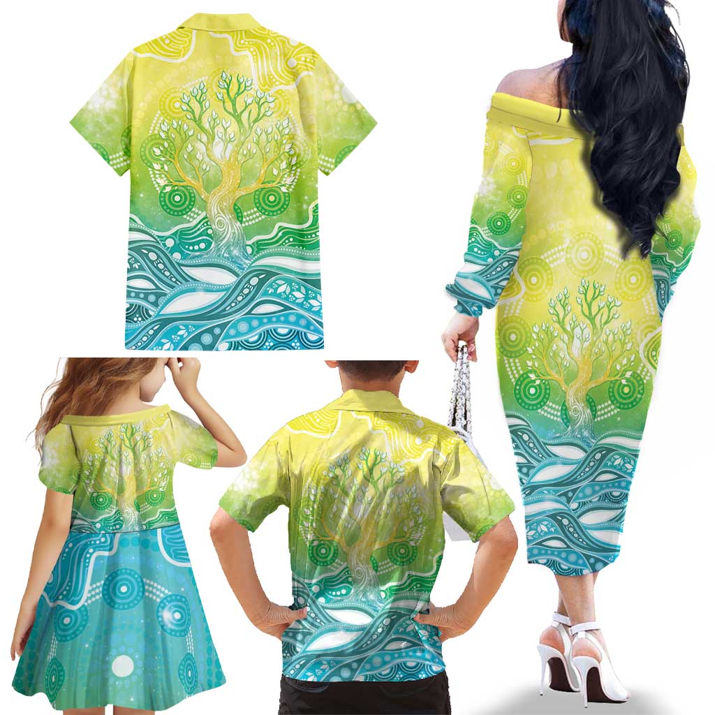 Australia NAIDOC Week Family Matching Off The Shoulder Long Sleeve Dress and Hawaiian Shirt Eternal Spirit Tree Pastel Gradient