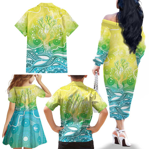 Australia NAIDOC Week Family Matching Off The Shoulder Long Sleeve Dress and Hawaiian Shirt Eternal Spirit Tree Pastel Gradient