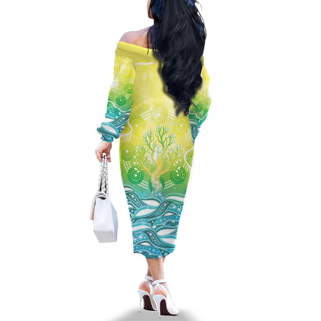 Australia NAIDOC Week Family Matching Off The Shoulder Long Sleeve Dress and Hawaiian Shirt Eternal Spirit Tree Pastel Gradient