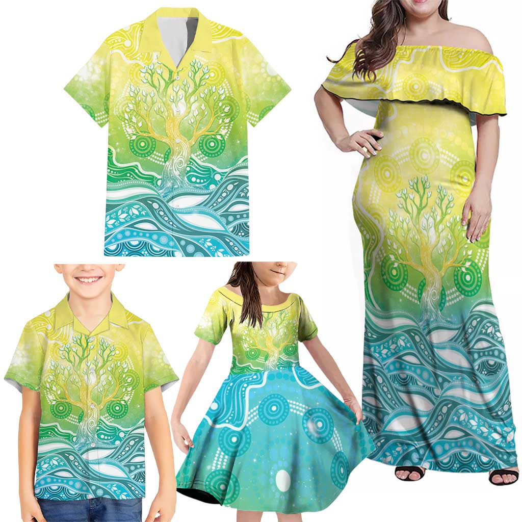 Australia NAIDOC Week Family Matching Off Shoulder Maxi Dress and Hawaiian Shirt Eternal Spirit Tree Pastel Gradient