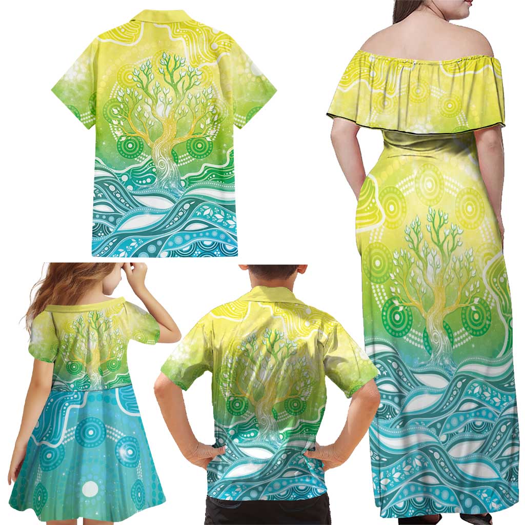 Australia NAIDOC Week Family Matching Off Shoulder Maxi Dress and Hawaiian Shirt Eternal Spirit Tree Pastel Gradient