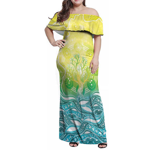 Australia NAIDOC Week Family Matching Off Shoulder Maxi Dress and Hawaiian Shirt Eternal Spirit Tree Pastel Gradient