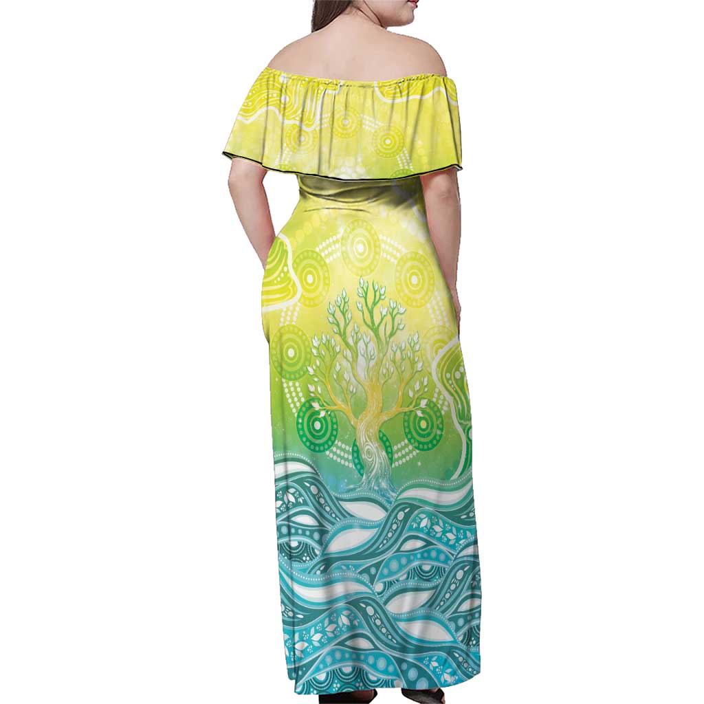 Australia NAIDOC Week Family Matching Off Shoulder Maxi Dress and Hawaiian Shirt Eternal Spirit Tree Pastel Gradient