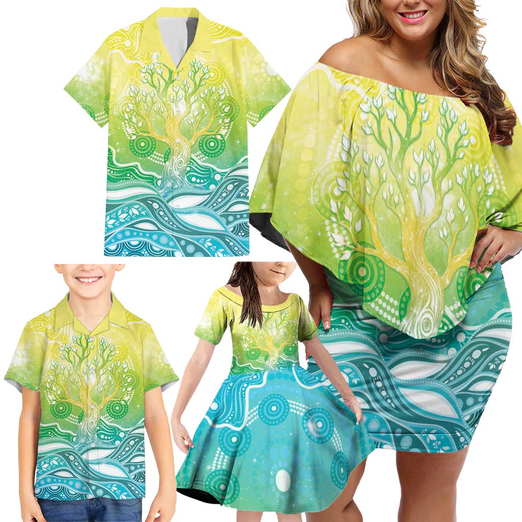 Australia NAIDOC Week Family Matching Off Shoulder Short Dress and Hawaiian Shirt Eternal Spirit Tree Pastel Gradient