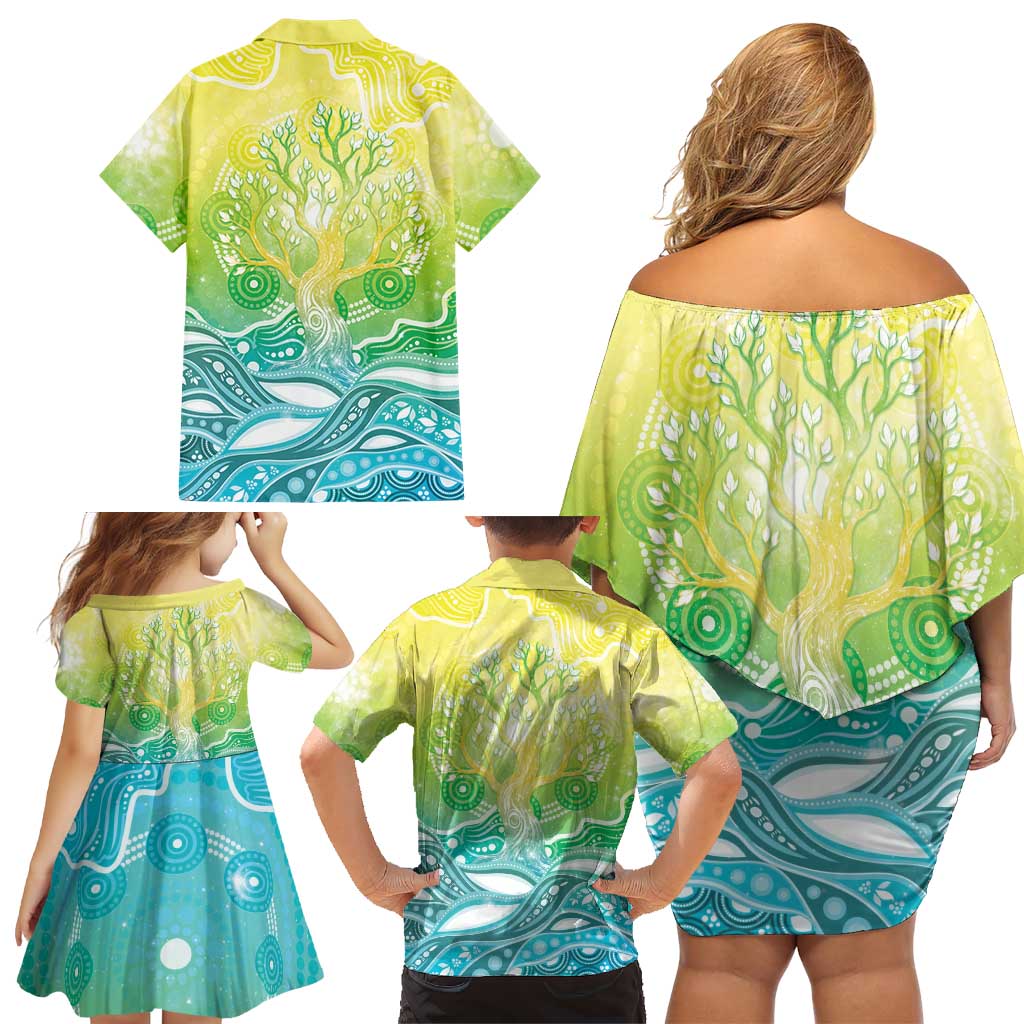 Australia NAIDOC Week Family Matching Off Shoulder Short Dress and Hawaiian Shirt Eternal Spirit Tree Pastel Gradient