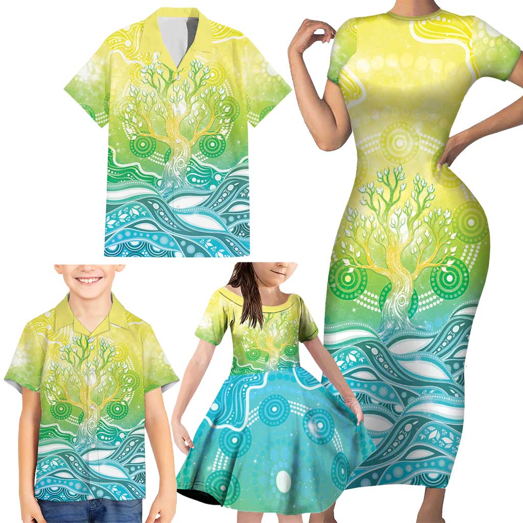 Australia NAIDOC Week Family Matching Short Sleeve Bodycon Dress and Hawaiian Shirt Eternal Spirit Tree Pastel Gradient