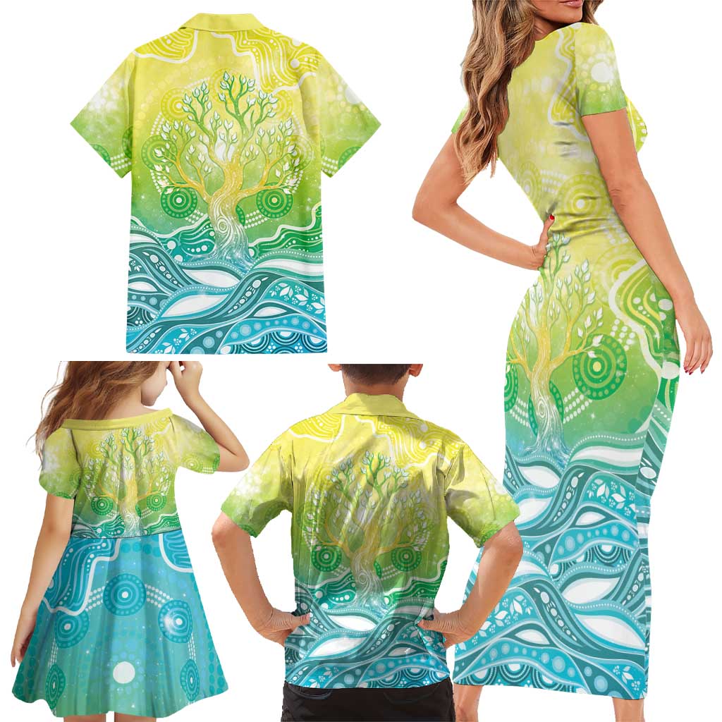 Australia NAIDOC Week Family Matching Short Sleeve Bodycon Dress and Hawaiian Shirt Eternal Spirit Tree Pastel Gradient