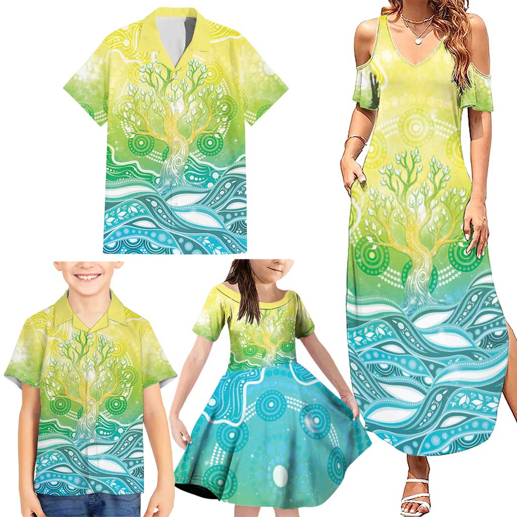 Australia NAIDOC Week Family Matching Summer Maxi Dress and Hawaiian Shirt Eternal Spirit Tree Pastel Gradient