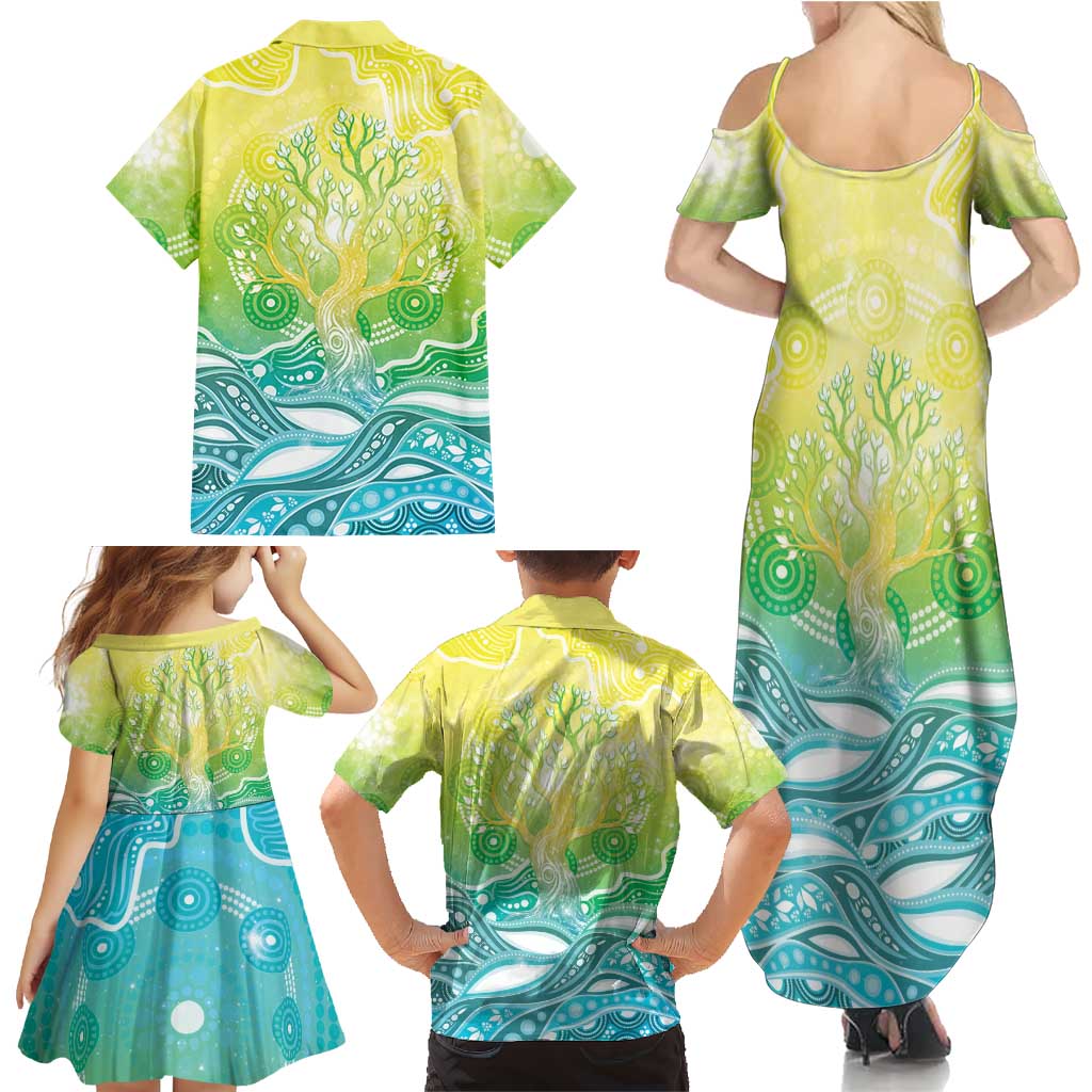 Australia NAIDOC Week Family Matching Summer Maxi Dress and Hawaiian Shirt Eternal Spirit Tree Pastel Gradient