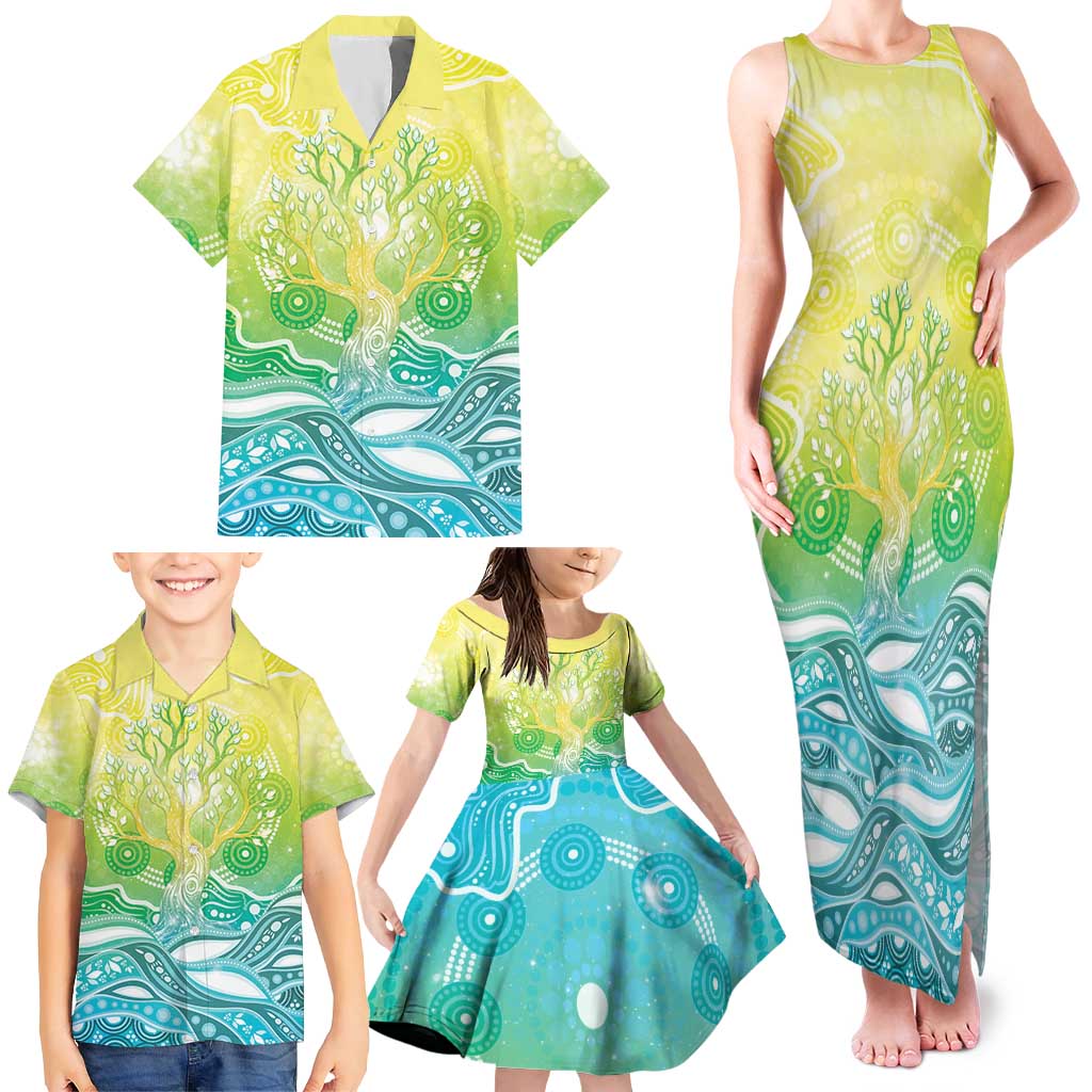Australia NAIDOC Week Family Matching Tank Maxi Dress and Hawaiian Shirt Eternal Spirit Tree Pastel Gradient