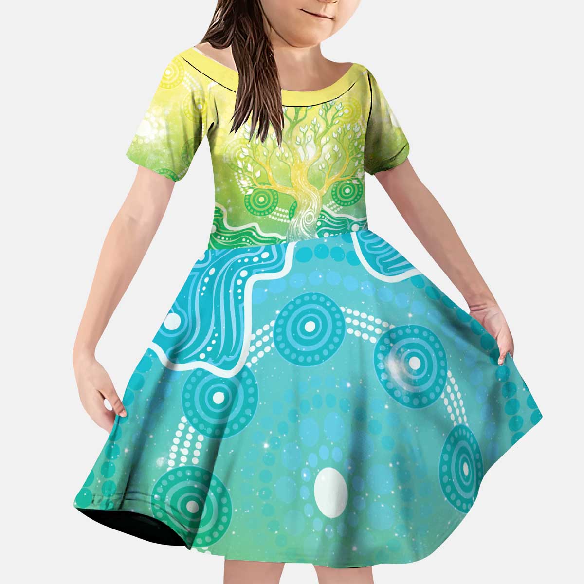 Australia NAIDOC Week Kid Short Sleeve Dress Eternal Spirit Tree Pastel Gradient