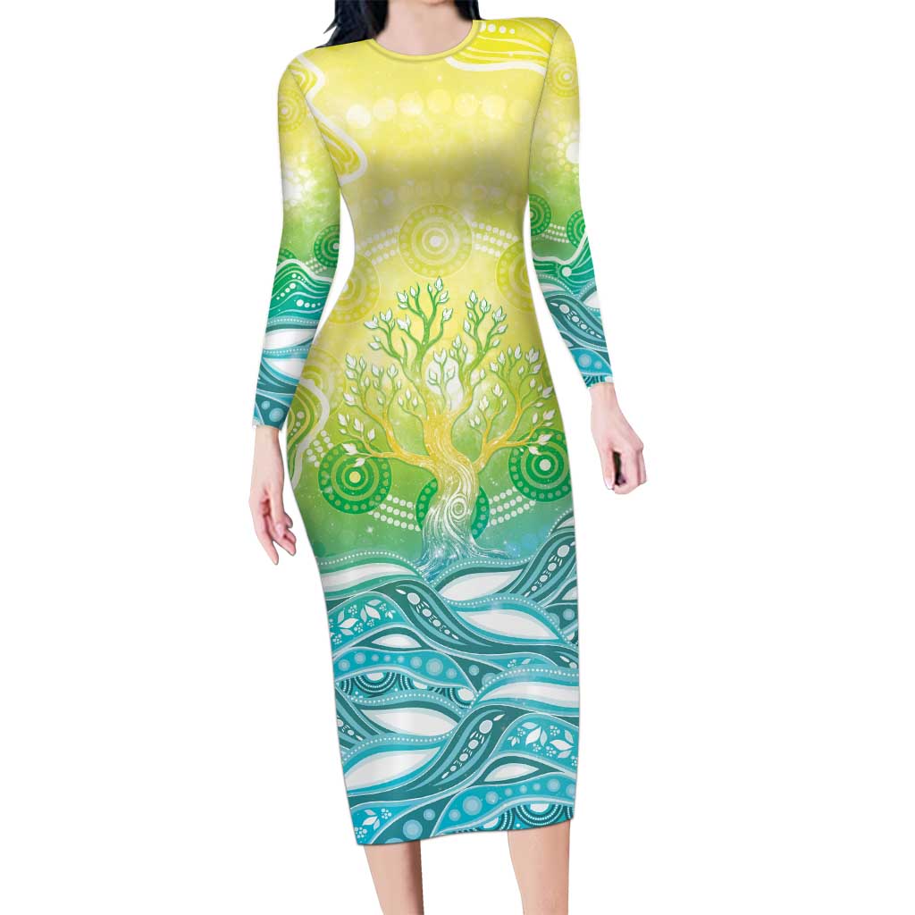 Australia NAIDOC Week Long Sleeve Bodycon Dress Eternal Spirit Tree Pastel Gradient
