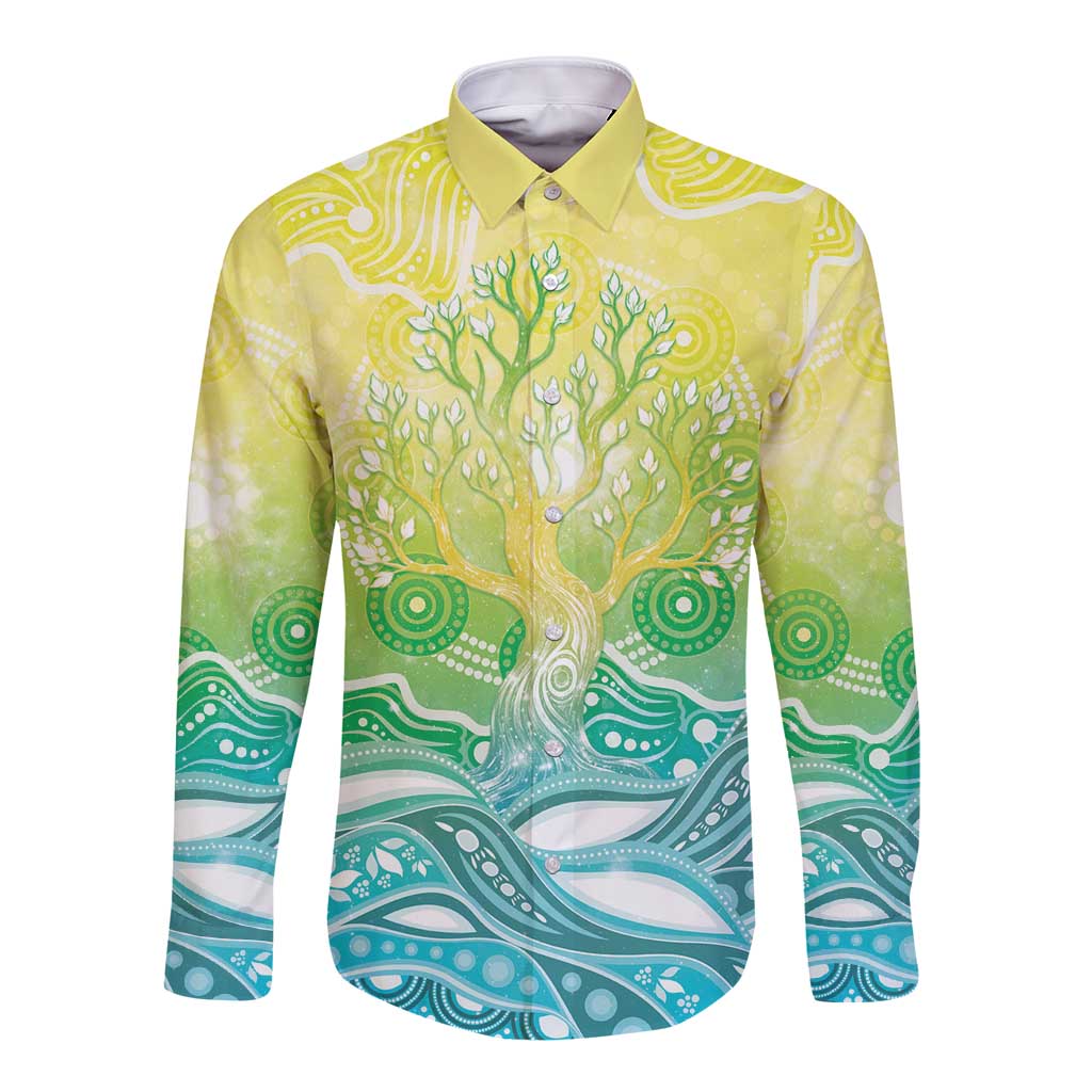 Australia NAIDOC Week Long Sleeve Button Shirt Eternal Spirit Tree Pastel Gradient