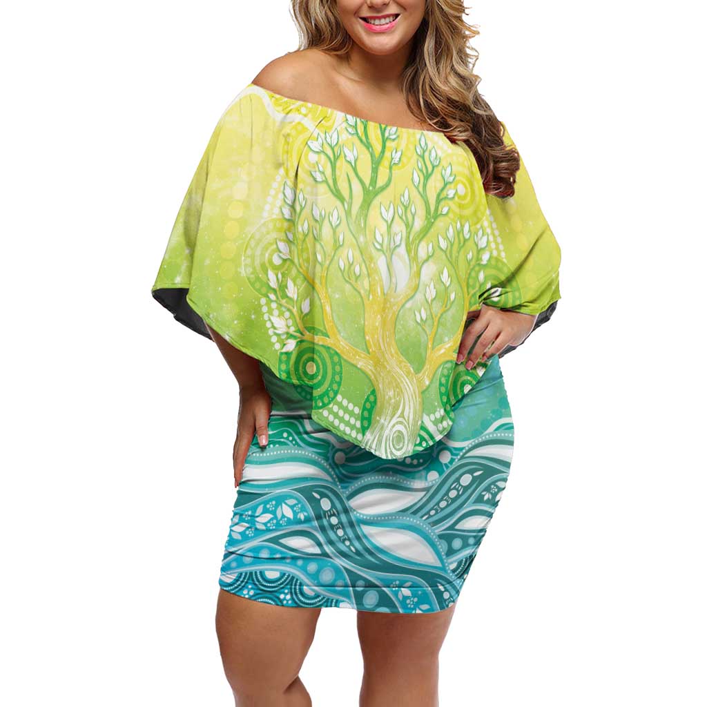 Australia NAIDOC Week Off Shoulder Short Dress Eternal Spirit Tree Pastel Gradient