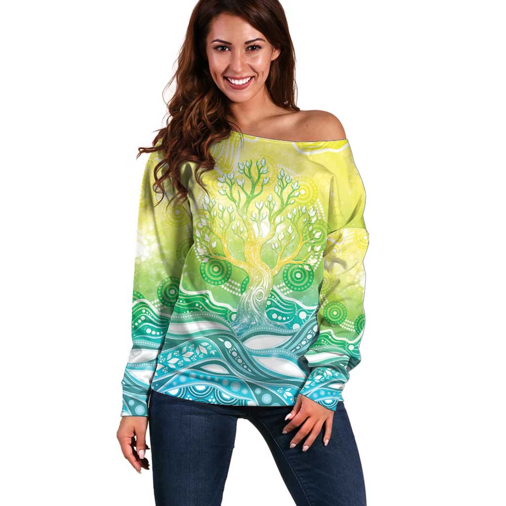 Australia NAIDOC Week Off Shoulder Sweater Eternal Spirit Tree Pastel Gradient