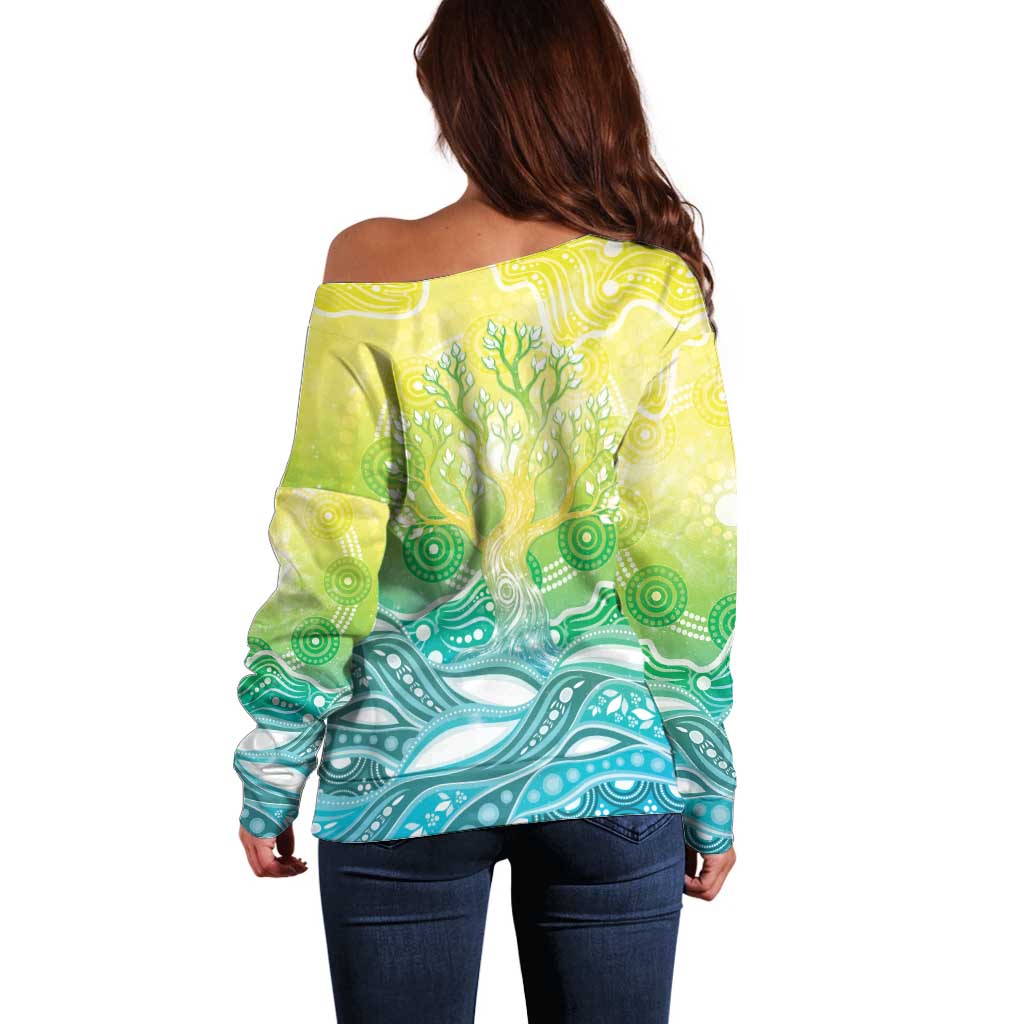 Australia NAIDOC Week Off Shoulder Sweater Eternal Spirit Tree Pastel Gradient