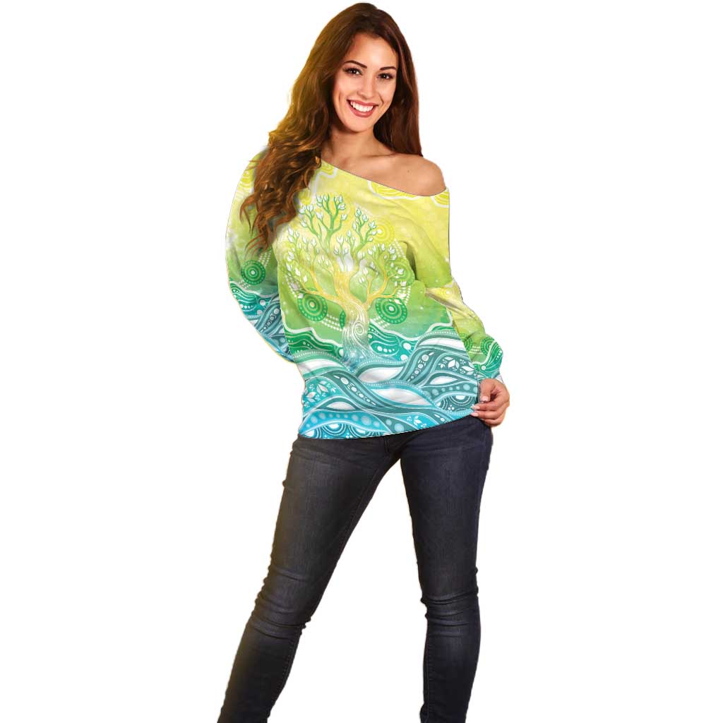 Australia NAIDOC Week Off Shoulder Sweater Eternal Spirit Tree Pastel Gradient
