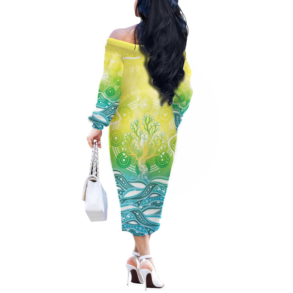Australia NAIDOC Week Off The Shoulder Long Sleeve Dress Eternal Spirit Tree Pastel Gradient