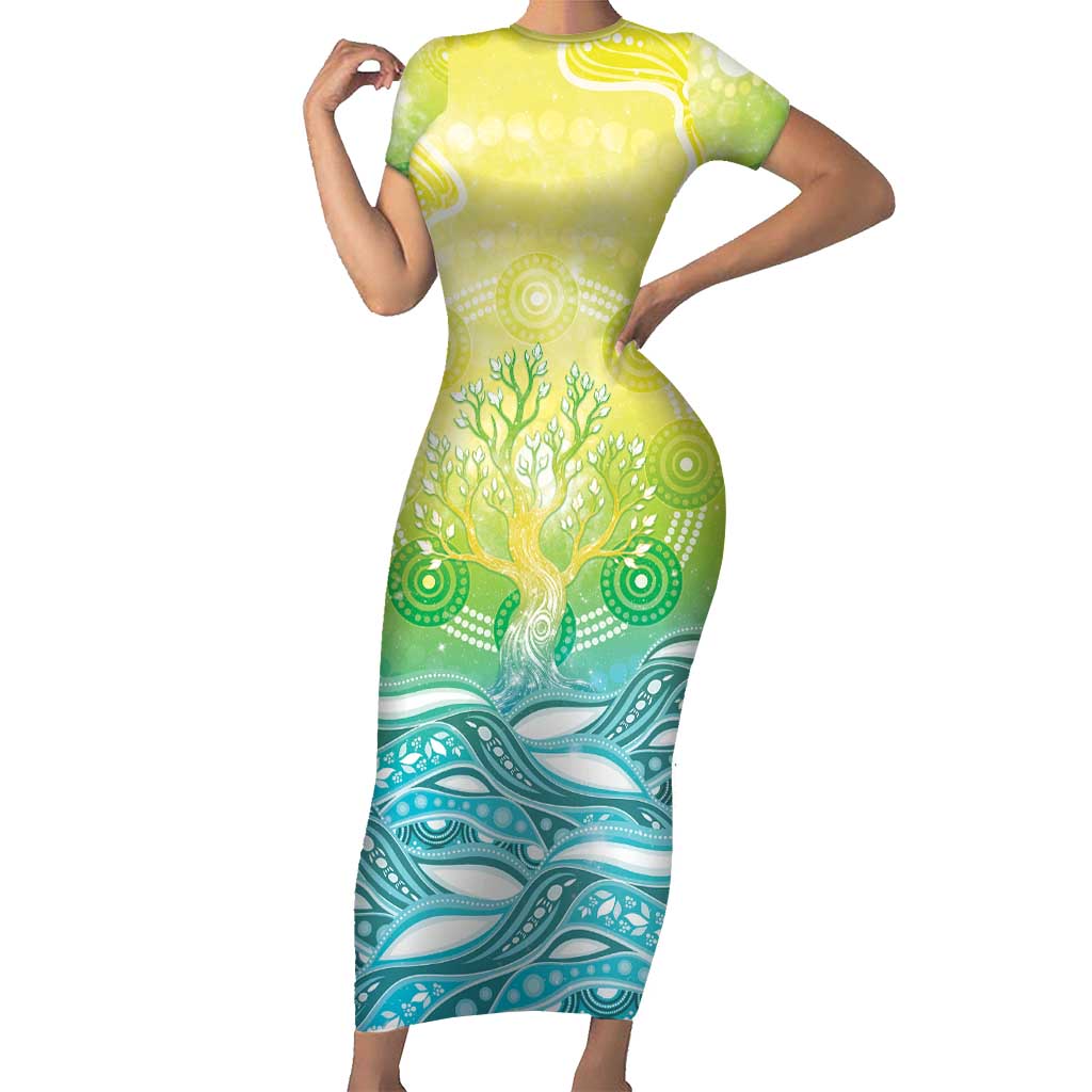 Australia NAIDOC Week Short Sleeve Bodycon Dress Eternal Spirit Tree Pastel Gradient