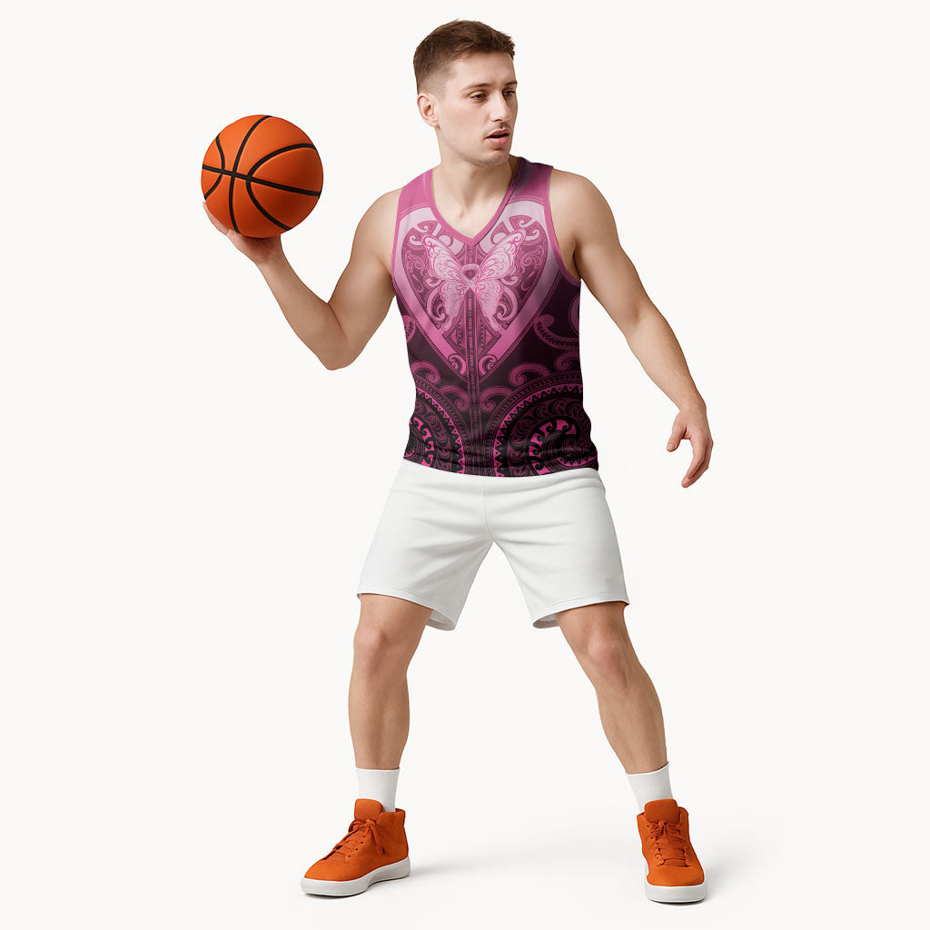 Aotearoa Breast Cancer Basketball Jersey Maori Tribal Pattern
