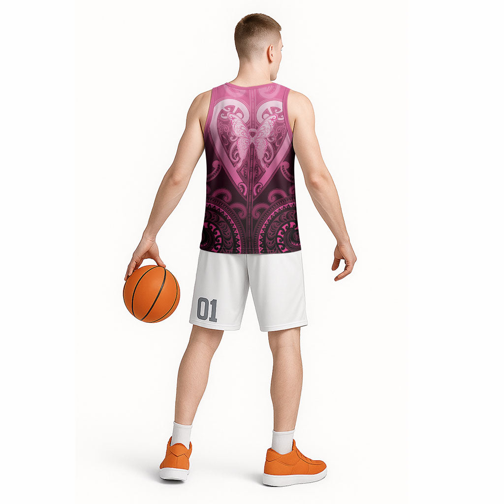 Aotearoa Breast Cancer Basketball Jersey Maori Tribal Pattern