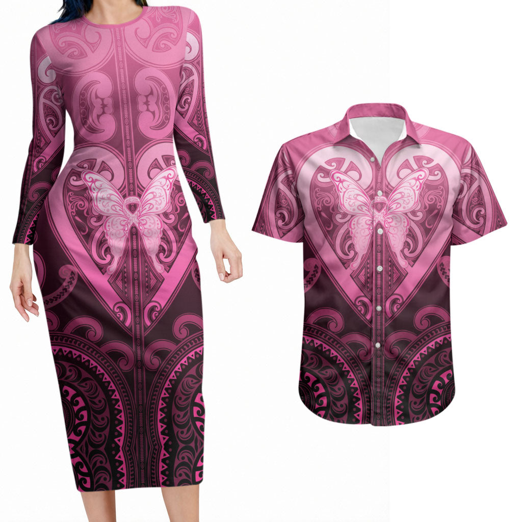 Aotearoa Breast Cancer Couples Matching Long Sleeve Bodycon Dress and Hawaiian Shirt Maori Tribal Pattern