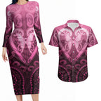 Aotearoa Breast Cancer Couples Matching Long Sleeve Bodycon Dress and Hawaiian Shirt Maori Tribal Pattern