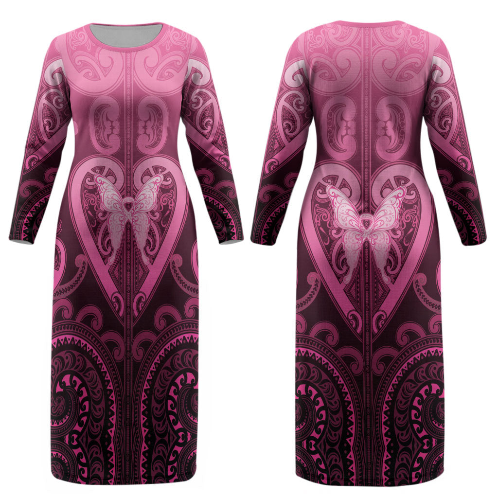 Aotearoa Breast Cancer Couples Matching Long Sleeve Bodycon Dress and Hawaiian Shirt Maori Tribal Pattern