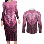 Aotearoa Breast Cancer Couples Matching Long Sleeve Bodycon Dress and Long Sleeve Button Shirt Maori Tribal Pattern