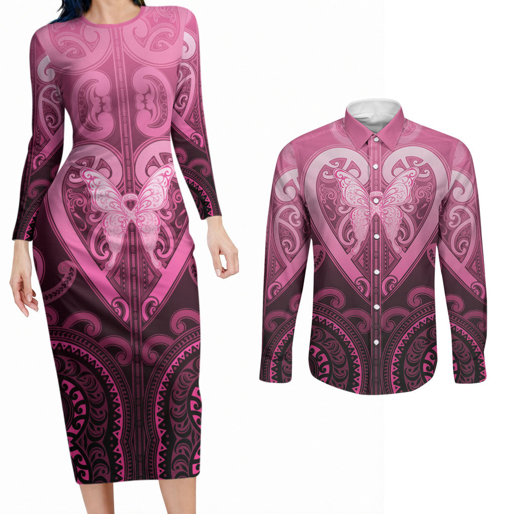 Aotearoa Breast Cancer Couples Matching Long Sleeve Bodycon Dress and Long Sleeve Button Shirt Maori Tribal Pattern
