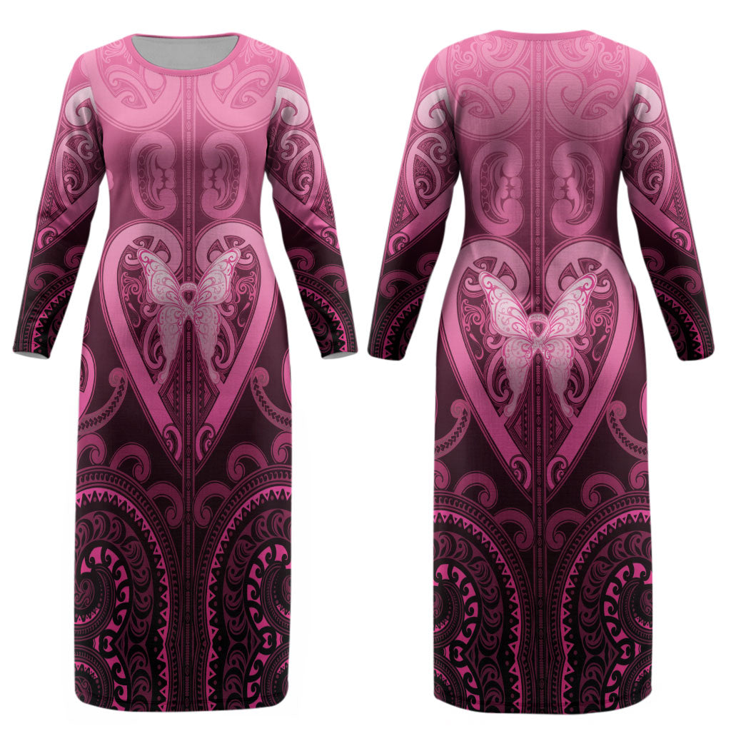 Aotearoa Breast Cancer Couples Matching Long Sleeve Bodycon Dress and Long Sleeve Button Shirt Maori Tribal Pattern