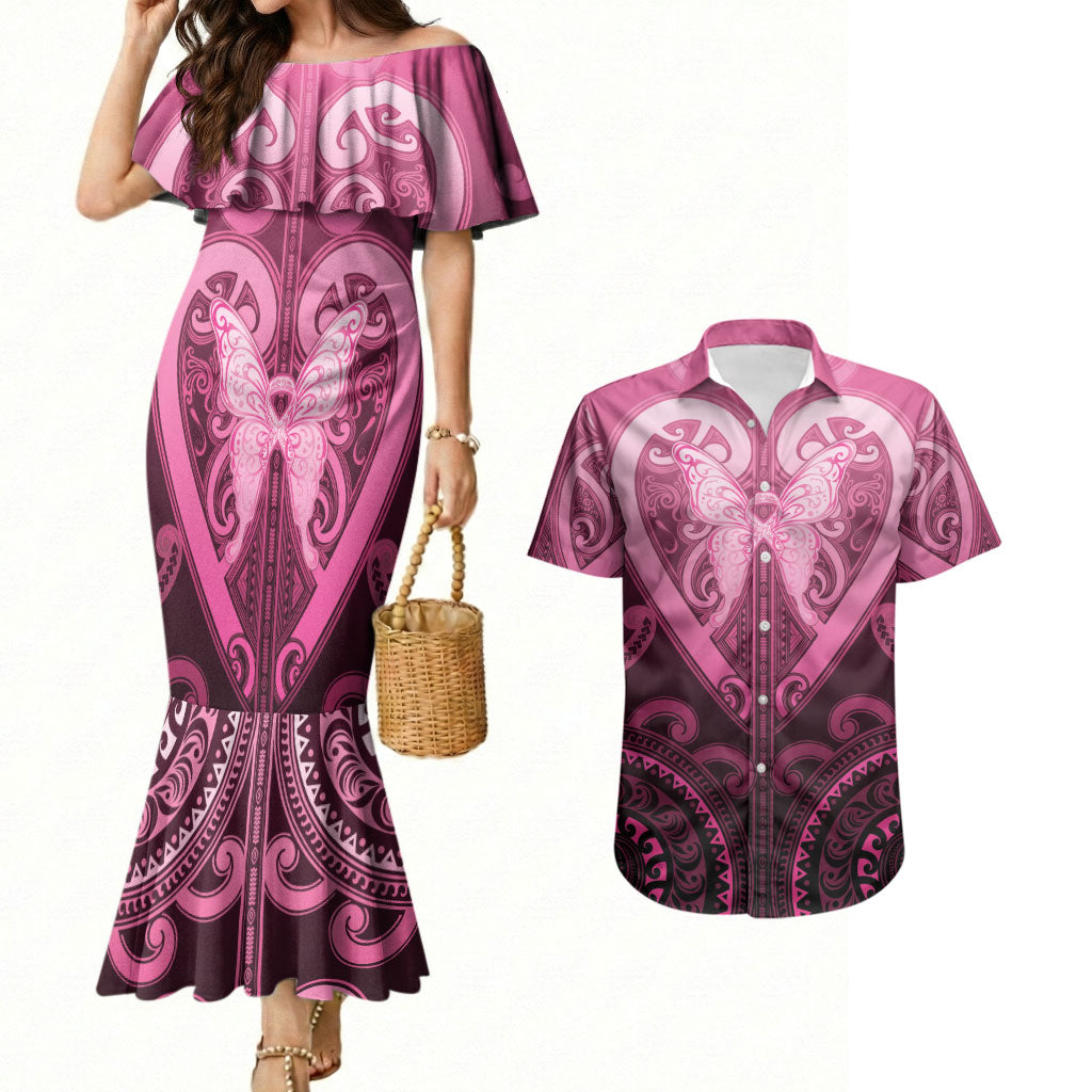 Aotearoa Breast Cancer Couples Matching Mermaid Dress and Hawaiian Shirt Maori Tribal Pattern