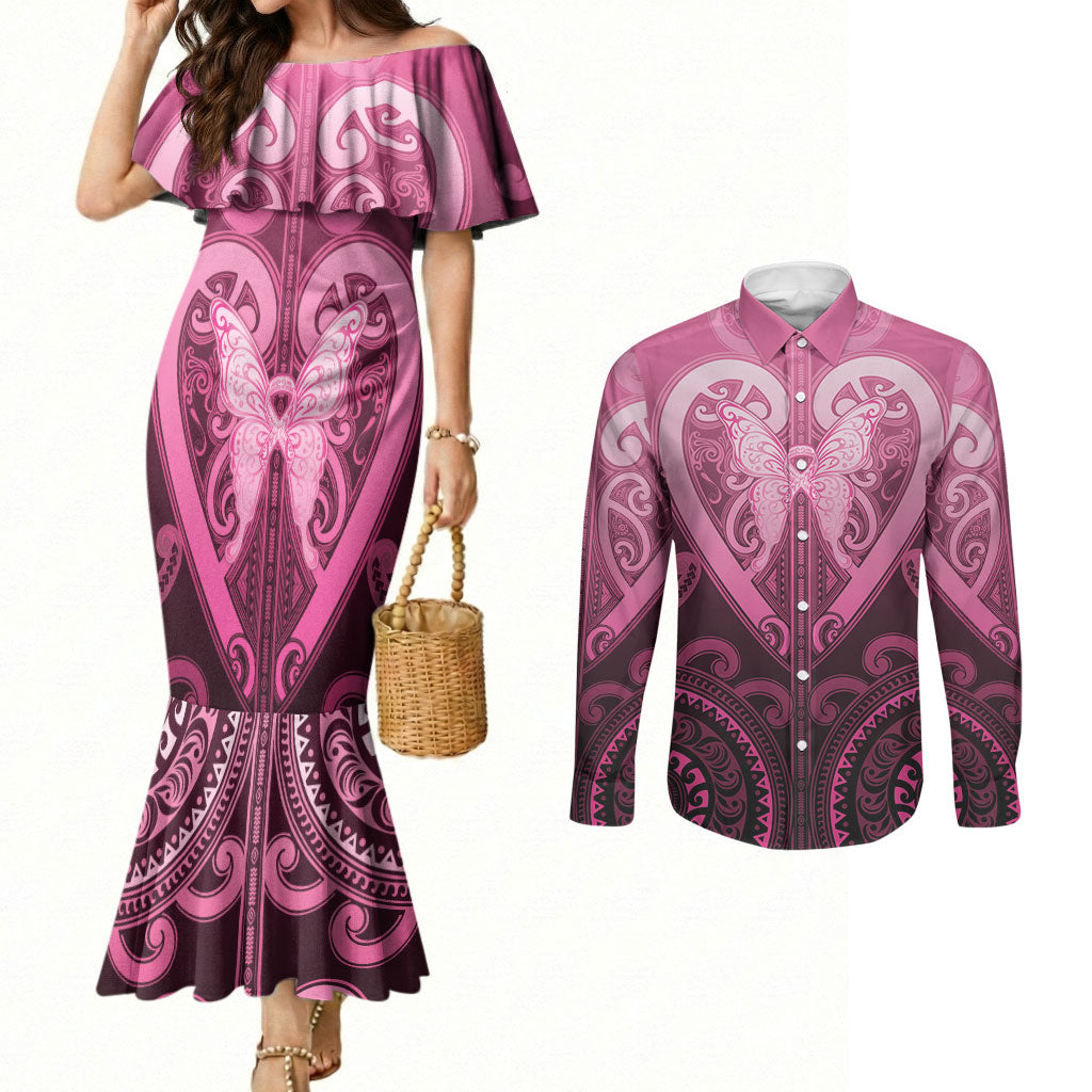 Aotearoa Breast Cancer Couples Matching Mermaid Dress and Long Sleeve Button Shirt Maori Tribal Pattern