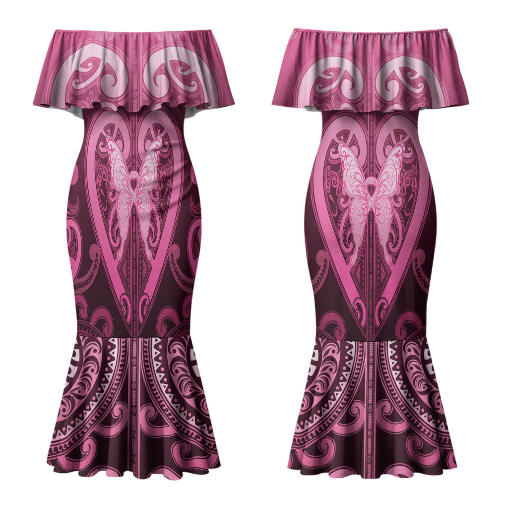 Aotearoa Breast Cancer Couples Matching Mermaid Dress and Long Sleeve Button Shirt Maori Tribal Pattern